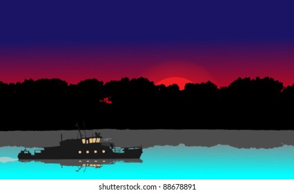 Steamship on the river at sunset