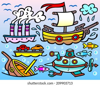 Steamship, sailing boat, wreckage, submarine and three curious fish - vector caricature.