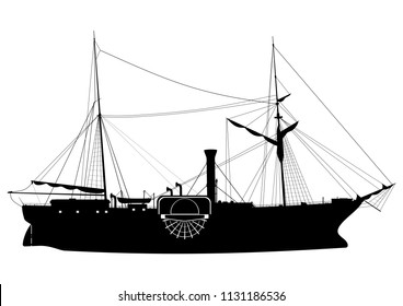 Steamship. Silhouette of a paddle steamer on a white background.Side view. Flat vector.