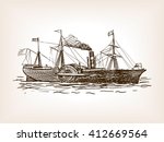 Steamship sketch style vector illustration. Old hand drawn engraving imitation.