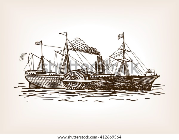 Steamship sketch style vector illustration.
Old hand drawn engraving
imitation.