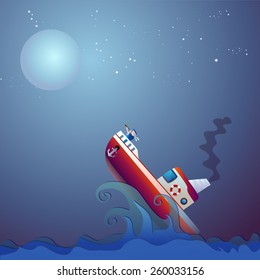 Steamship the storm ocean. Vector illustration