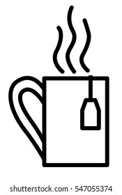 Steamy Tea Cup with teabag label Thin Line Linear Icon. Vector illustration
