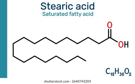 Stearic acid molecule. Saturated fatty acid found in food and cosmetics. Vector illustration