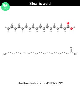 Stearic acid molecule, stearate molecular structure, fatty acid, 2d and 3d illustration, vector, eps 8