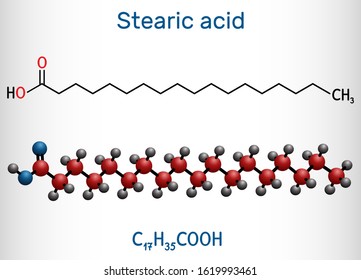 Stearic acid,  octadecanoic, saturated fatty acid molecule. Structural chemical formula and molecule model. Vector illustration
