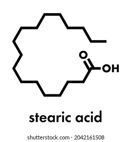Stearic acid saturated fatty acid molecule. Also known as octadecanoic acid; Esters and salts are known as stearates. Skeletal formula.