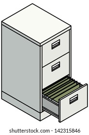 A steel 3-drawer filing cabinet with one drawer opened to show suspension file dividers.