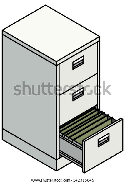 A steel 3-drawer filing cabinet\
with one drawer opened to show suspension file\
dividers.