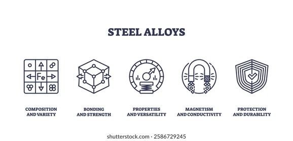 Steel alloys icons outline showing composition, bonding, properties, magnetism, and protection. Outline icons set.