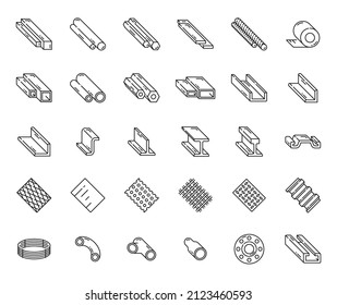 Steel And Aluminium Rolled Metal, Stainless Profile Outline Icons Set. Vector Products Of Metal Rolling, Pipes, Tubes And Iron Bar Gratings, Beams, Angle And Rebar, Wire Mesh And Coil Sheets