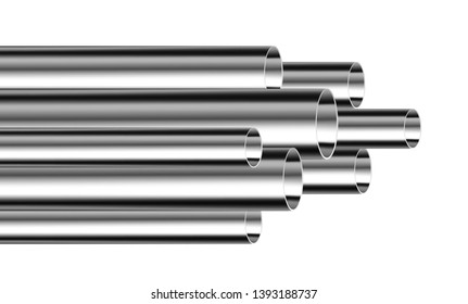 Steel or aluminum pipes of different diameters isolated on white background. Glossy 3d Steel Tubes design. Industrial, steel piplines production concept vector.