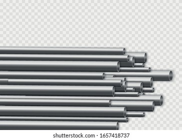 Steel or aluminum pipes of various diameters isolated on a white background. Glossy 3D steel pipe design. Industrial, metal pipelines manufacturing concept. Vector illustration, EPS 10.