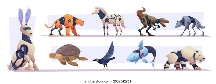 Animales de acero. Transformadores roóticos enfurecidos animales con diferentes mecanismos y tecnologías futuristas inteligentes pescan los monstruos de aves colección exacta de dibujos animados vectores