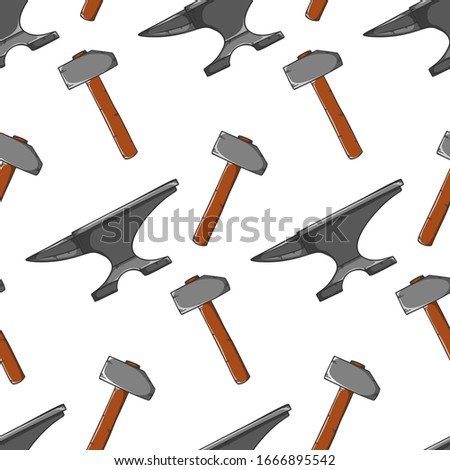 Steel anvil with hammer, forge workshop. Cartoon style vector. Isolated on white background, seamless pattern.