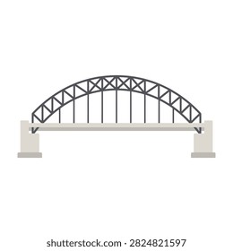 Steel arch bridge structure with concrete abutments isolated on white background for design