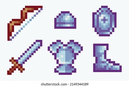 Steel armor and weapons pixel art set. Medieval combat ammunition collection. 8-bit sprite. Game development, mobile app.  Isolated vector illustration.
