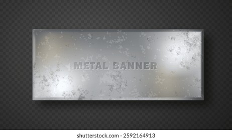 Steel banner with metallic finish and sharp edges. Industrial Iron plaque isolated. silver metal surface with brushed steel texture.