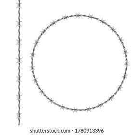 Steel barbwire set, circle frame from twisted wire with barbs isolated on white background. Vector realistic seamless border of metal chain with sharp thorns for prison fence, military boundary