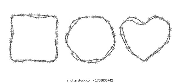 Steel barbwire set. Circle, square and heart shape frames from twisted wire with barbs isolated on white background. Vector realistic borders of metal chain with sharp thorns