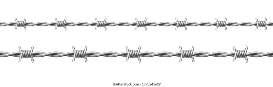 Steel barbwire set, twisted wire with barbs isolated on white background. Vector realistic seamless frame of metal chain with sharp thorns for prison fence, security line, military boundary