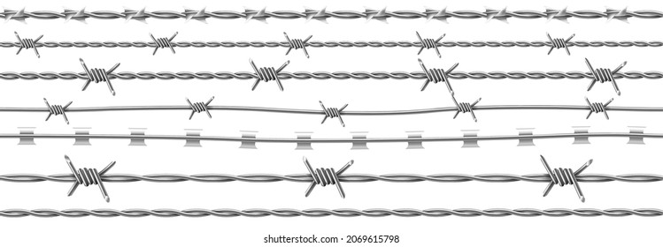 Steel barbwire set, twisted wire with barbs. Realistic seamless frame of metal chain with sharp thorns for prison fence, security line, military boundary. Vector illustration