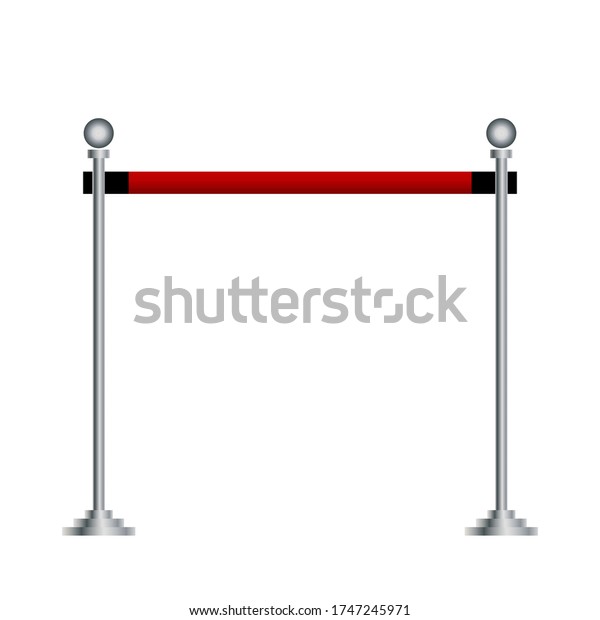 Steel\
barricade with red band isolated on white background, stop security\
zone barrier used in theater premiere, gala festival celebration,\
party, museum exhibition, vector\
illustration