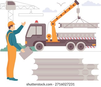 Carga de viga de acero en el concepto del sitio de construcción, Diseño de Vector de manejo de materiales asistido por grúa, Anuncio de trabajadores de la construcción, Escena de trabajo calificado, Obras de ingeniería civil