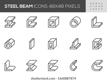 Steel Beam Vector Line Icons. Pipe, Metal Profiles, Metallurgy Products, Construction Industry. Editable Stroke. 48x48 Pixel Perfect.