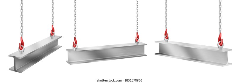 Steel Beams Hanging On Chains With Hooks, Straight Metal Industrial Girder Pieces For Construction And Building Works Crane Lifting Iron Balks Isolated On White Background, Realistic 3d Vector Set