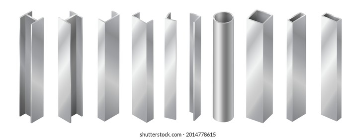 Steel Beams And Metal Pipes Set, Straight Metallic Industrial Girder Pieces For Construction And Building Work. Realistic Iron Balks Isolated On White Background. Vector Illustration