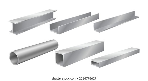 Steel beams and pipes, realistic structural products, set of construction materials for iron and steel industry, construction building. Vector illustration