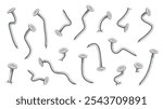 Steel bent nails. Hammered metal elements, joiner connectors, curved silver hobnails, iron carpentry, checkered heads, curved fastening carpentry, building pins nowaday vector isolated set