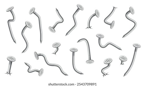 Steel bent nails. Hammered metal elements, joiner connectors, curved silver hobnails, iron carpentry, checkered heads, curved fastening carpentry, building pins nowaday vector isolated set