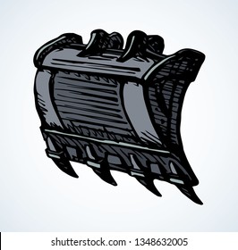 Steel big auto push arm for hoe rubble demolish on white land backdrop. Freehand outline black ink hand drawn build lift crane logo emblem pictogram sketchy in doodle style pen on paper space for text