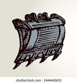 Steel big auto push arm for hoe rubble demolish on white land backdrop. Freehand outline black ink hand drawn build lift crane logo emblem pictogram sketchy in doodle style pen on paper space for text