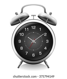 Steel and black alarm clock isolated on white. All elements sorted and grouped in layers