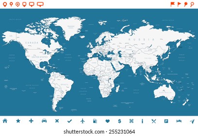 Steel Blue World Map and navigation icons - illustration Highly detailed world map: countries, cities, water objects 