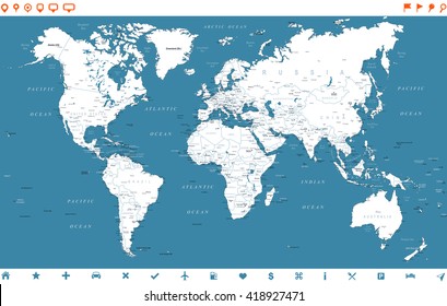 Steel Blue World Map and navigation icons - illustration
Highly detailed world map:
countries, cities, water objects