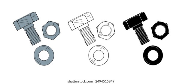 Steel bolt, hex nut and washer isolated on white background