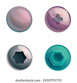 Steel bolt icons set cartoon vector. Metal screw and bolt. Fixing device, repair tool