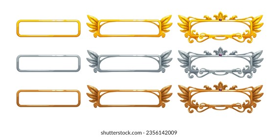 Steel bordes set. Metallic horyzontal banners set for epic game development. Golden, silver and bronze decorative medieval frames. Vector assets for UI or GUI design. Isolated on white background.