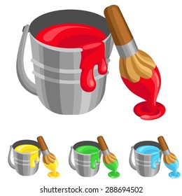 The steel bucket with paint and brush / There is steel bucket with paint in it. Near the bucket stands brush in paint

