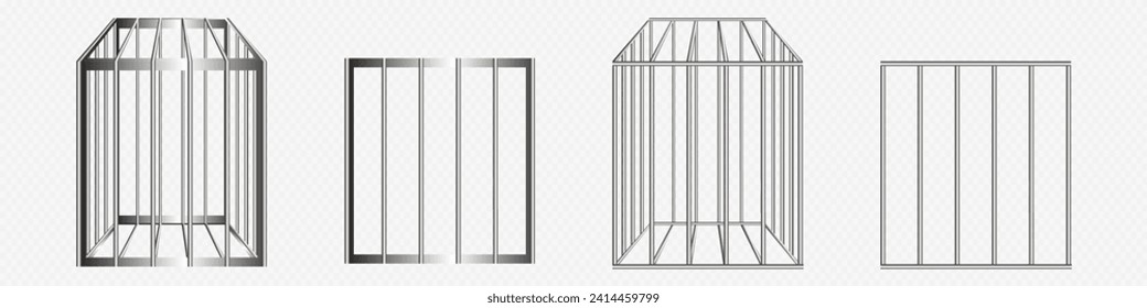 Steel cage 3d vector realistic illustration. Prison grate bar. Iron jail