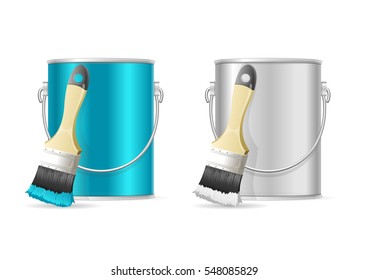 Steel Can Bucket and Paint Brush Blue Color and Empty Metal Container. Vector illustration