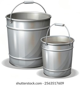 Steel Can Bucket Set vector. Realistic Template Empty Blank. Element Of Equipment Housework or Repair. Vector illustration with a white background.