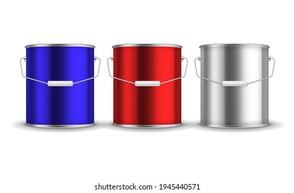 Steel can for paint. Realistic metal buckets with handles. 3D packaging for liquid. Blue or red and white aluminum containers mockup. Vector isolated metallic pails set for branding