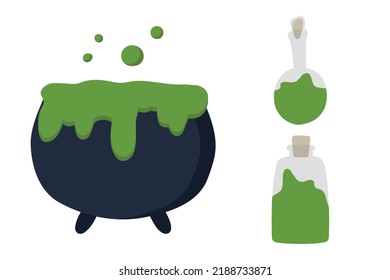 Steel cauldron with boiling green magic potion isolated on white background. Sketch for a poster or card for the holiday of all evil spirits Halloween.