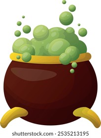 Steel cauldron with boiling green magic potion isolated on white background. Sketch for a poster or card for the holiday of all evil spirits Halloween. cartoon close-up illustration.