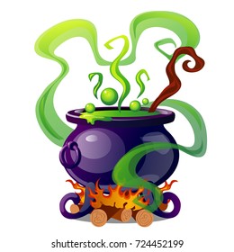 Steel cauldron with boiling green magic potion isolated on white background. Sketch for a poster or card for the holiday of all evil spirits Halloween. Vector cartoon close-up illustration.